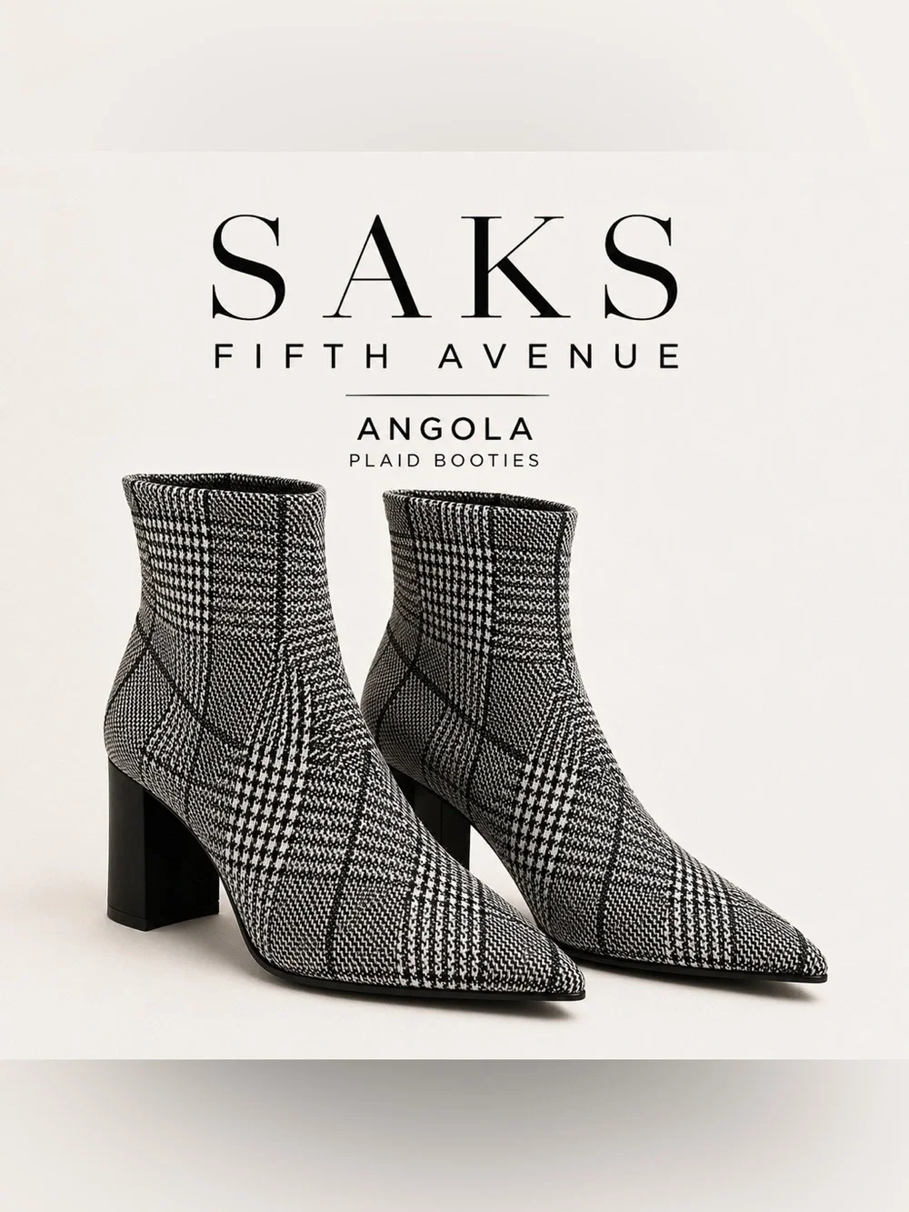 Saks Fifth Avenue Black & White Plaid Angola Pointed-Toe Booties NWT